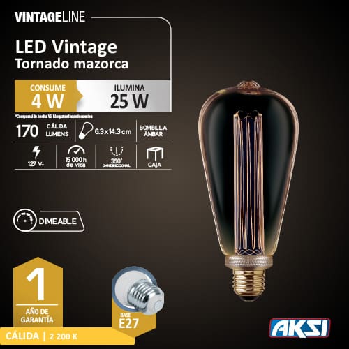 Foco Led 4w Vintage Mazorca Tornado Dimeable Aksi
