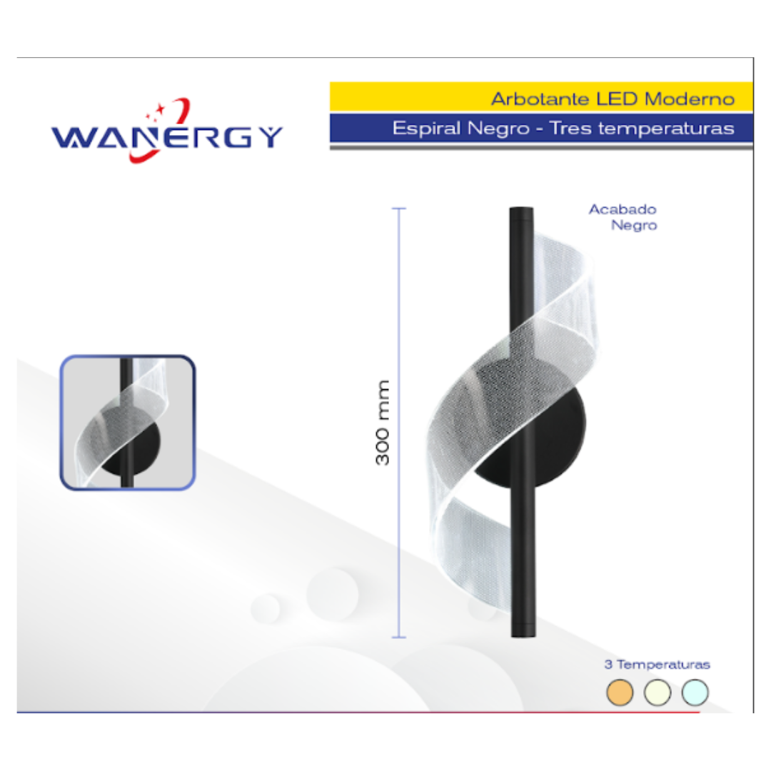 Arbotante 8w Espiral Negro 3 tonos Led Wanergy