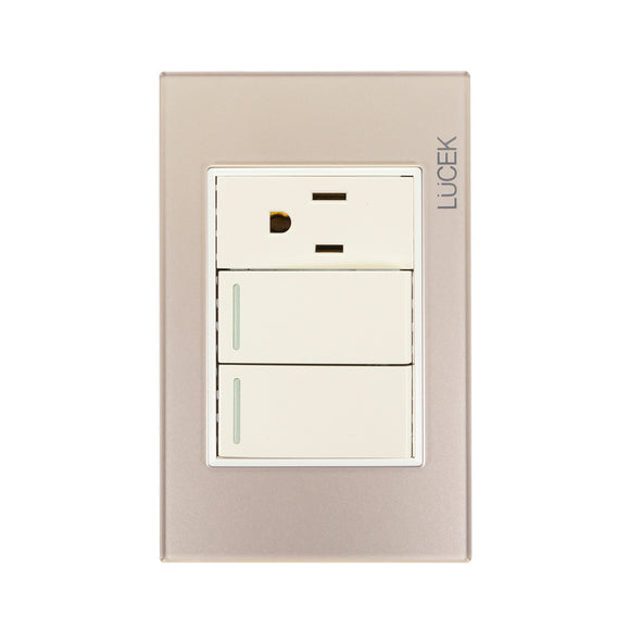 Placa 2 Apagadores Sencillos 1 Contacto Cristal Dorado Marfil